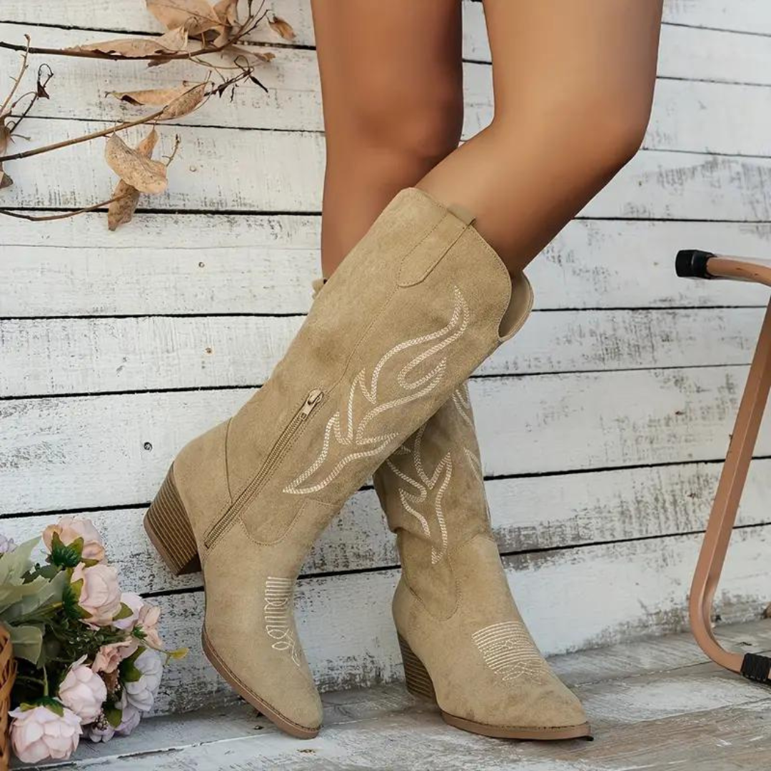 Kvinnors Cowboystövlar Retro Chunky Häl Läder med Blixtlås 7