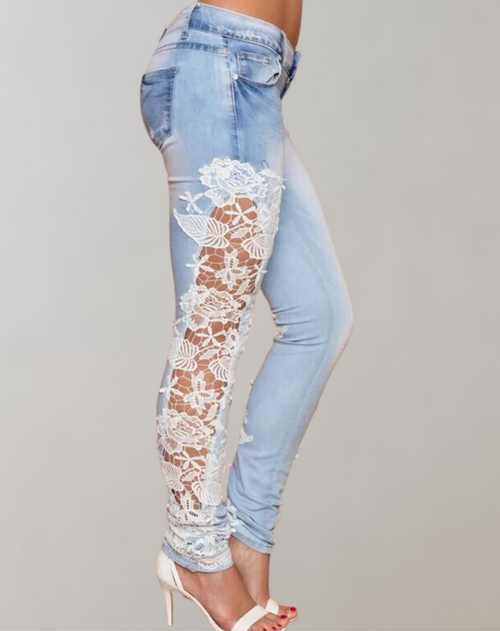 Snygga Byxor Dam Blommig Stretch Denim 1