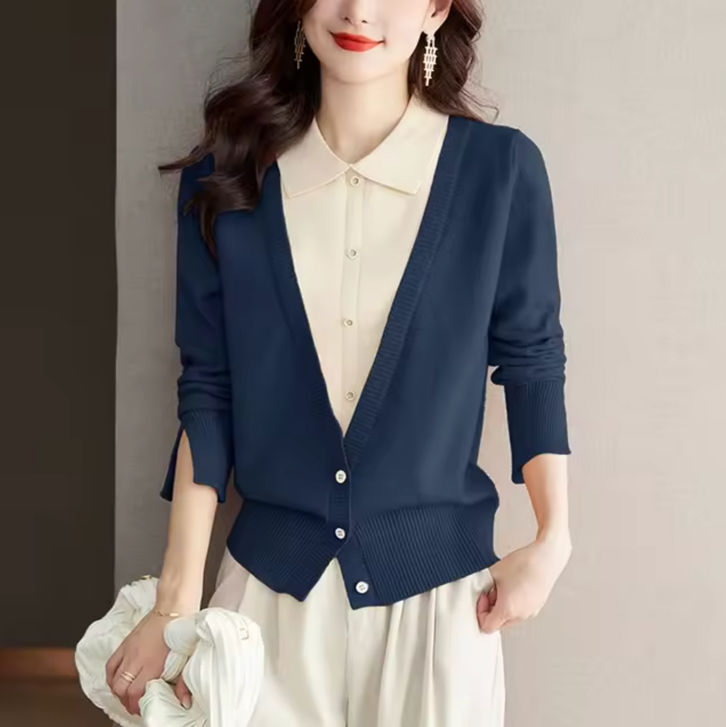 Dam Topp med Krage Mjuk Stickad Fiber Lång Ärme-1