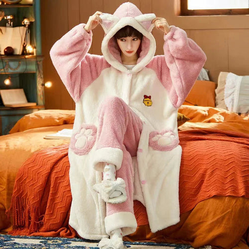 Dam Pyjamas Set med Huva Mjukt och Andningsbart Tyg-1
