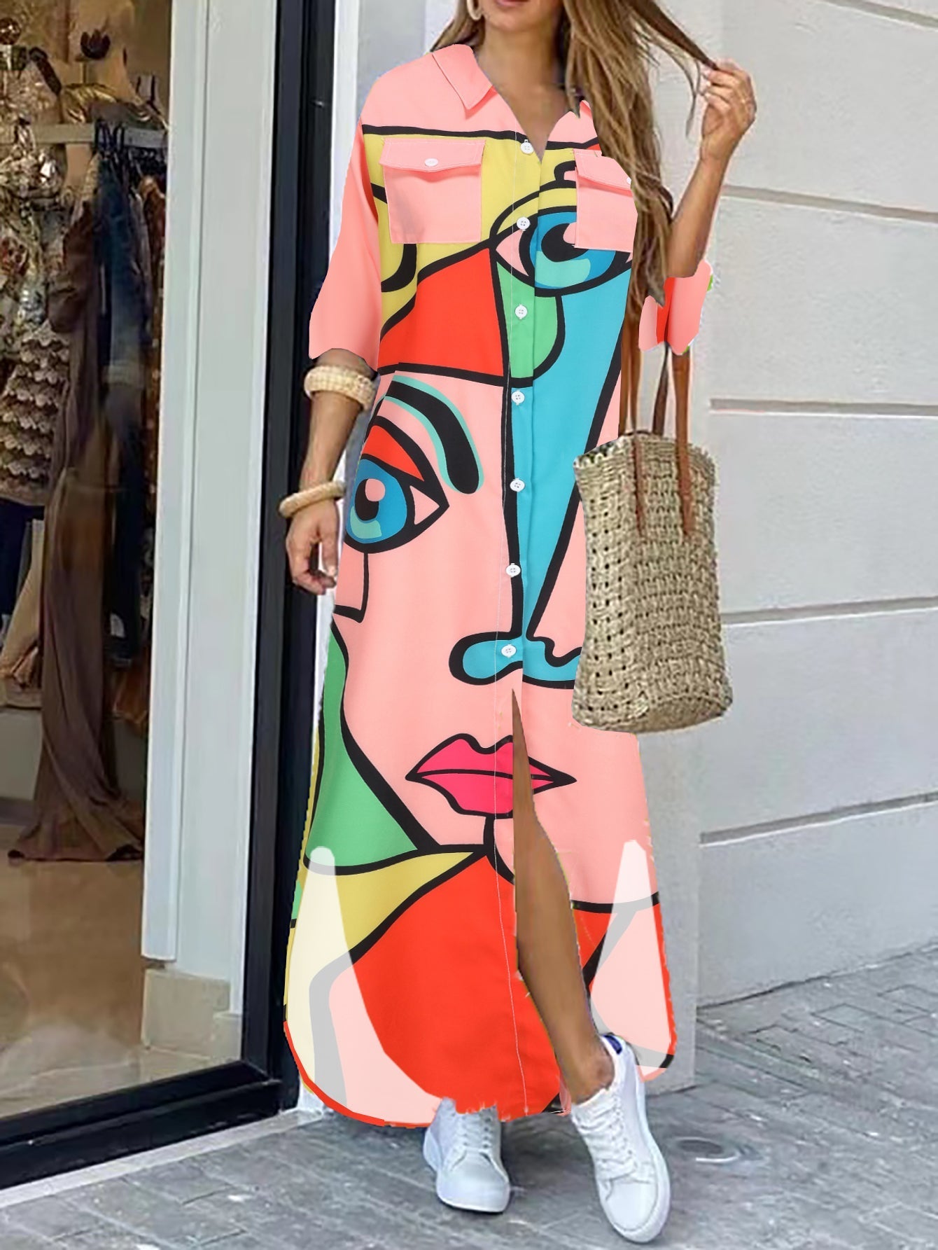 Dam Klänning Långärmad Skjortkrage Polyester Mönstrad-2