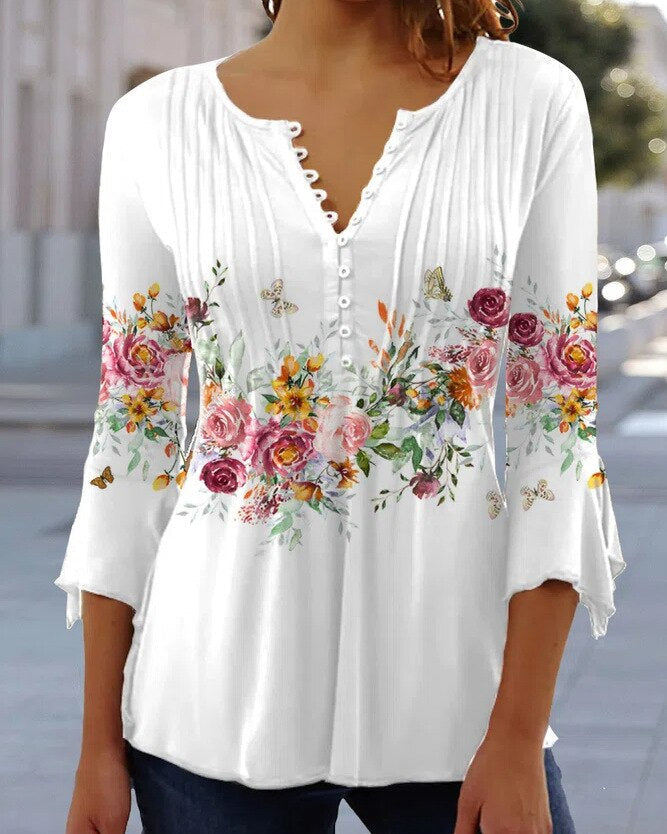 Kvinnor Blommig Blus Broderad Lång Ärmar Andningsbart Material-1
