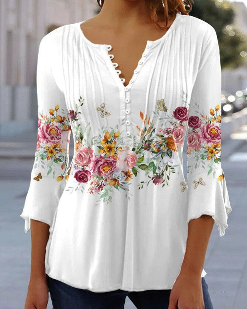 Kvinnor Blommig Blus Broderad Lång Ärmar Andningsbart Material-1