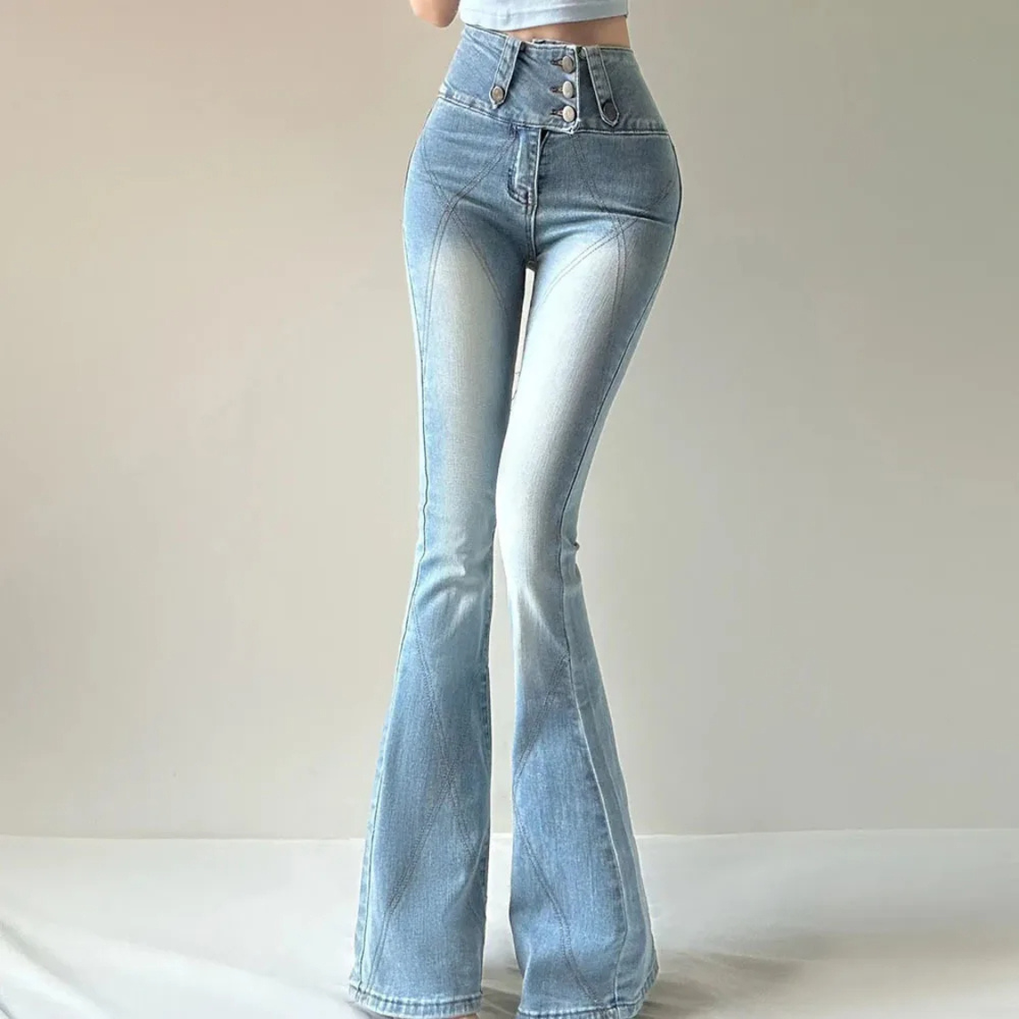 Dam Jeans Hög Midja Casual Schlagjeans i Mjuk Bomull-2
