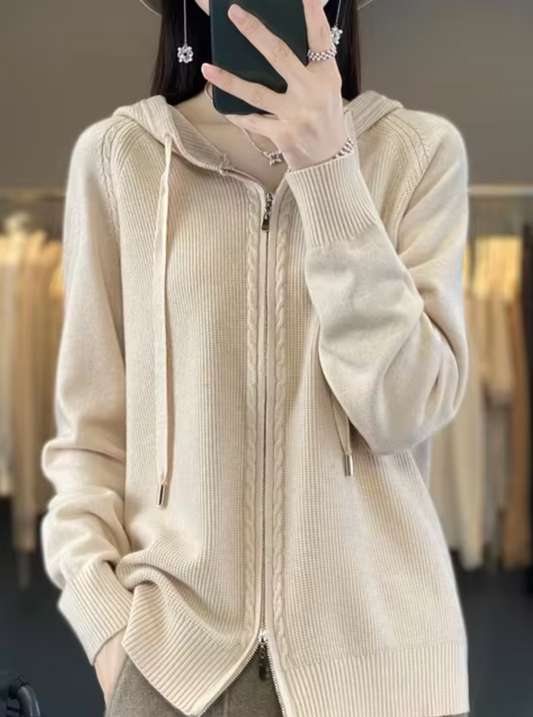Dam Hooded Cardigan Löst Passform Mjuk Stickad-1