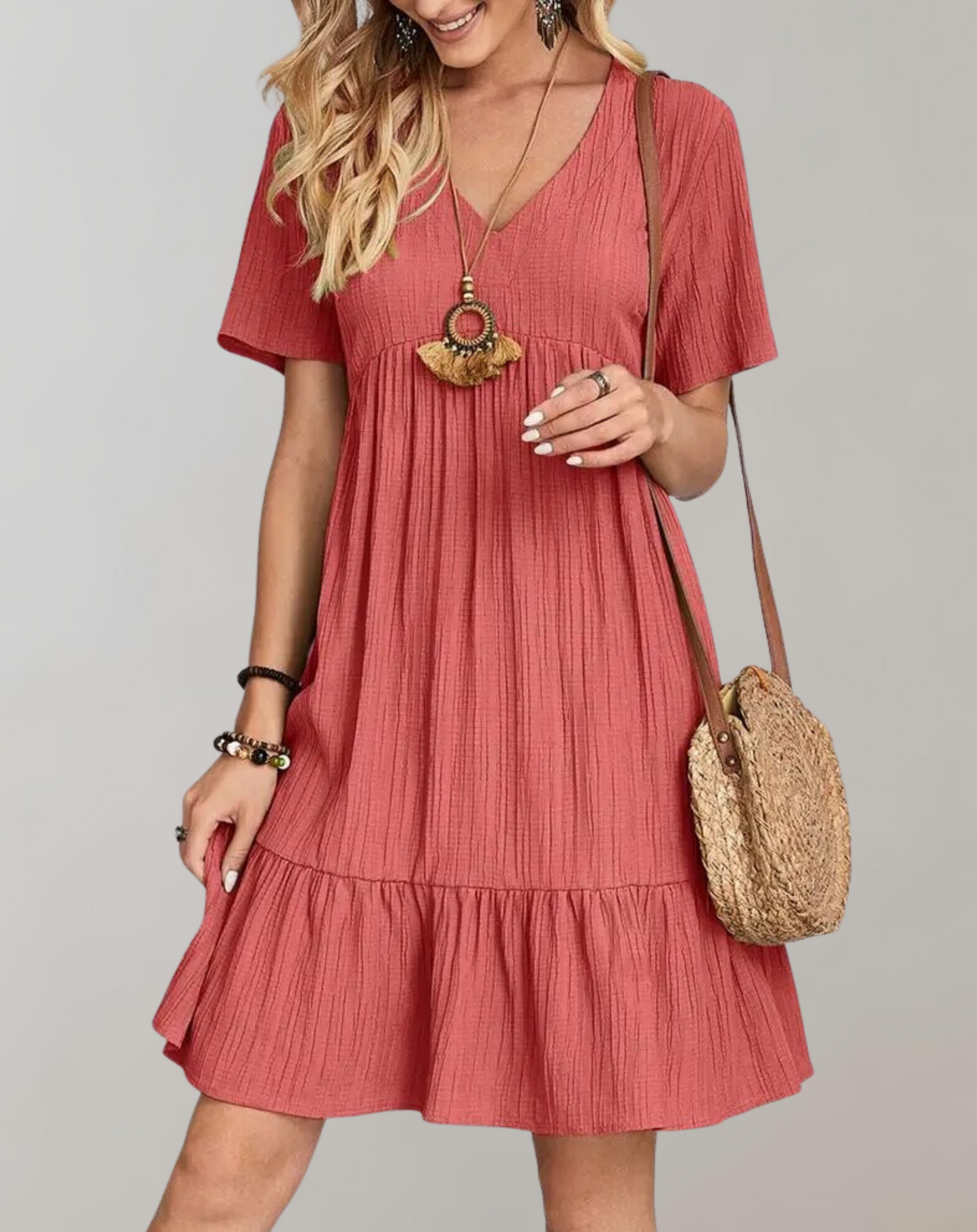 Kvinnor Miniklänning V-hals Rufflar Bomull Avslappnad Passform 8