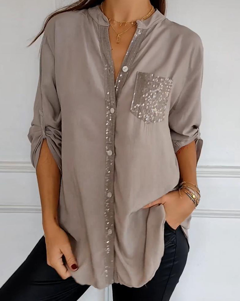 Vit Blus med V-Hals och Paljetter för Dam – Lång Loose Fit, Elegant och Bekväm, Perfekt för Vardag och Fest 9