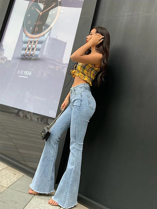 Snygga Byxor Dam Hög Midja Denimlook 100% Bomull-1