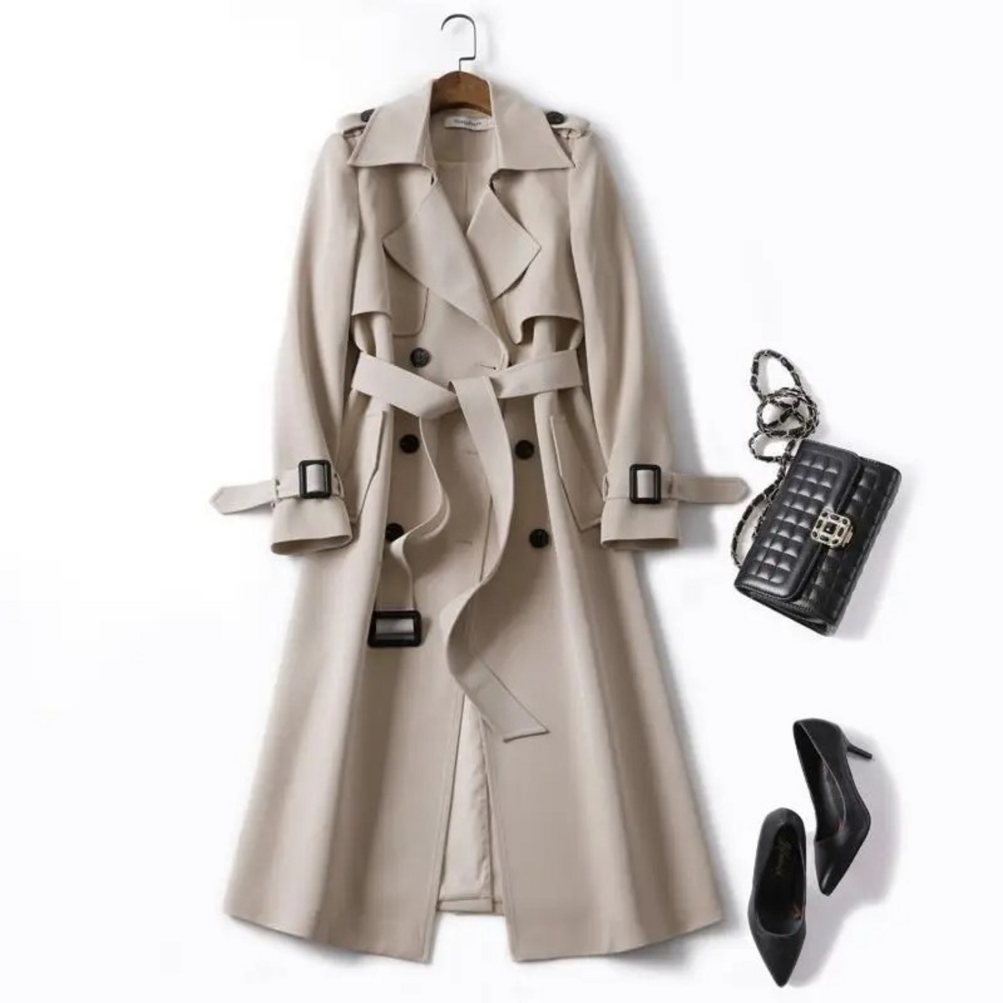 Dam Lång Trench Kappa med Spetsar Polyester-4