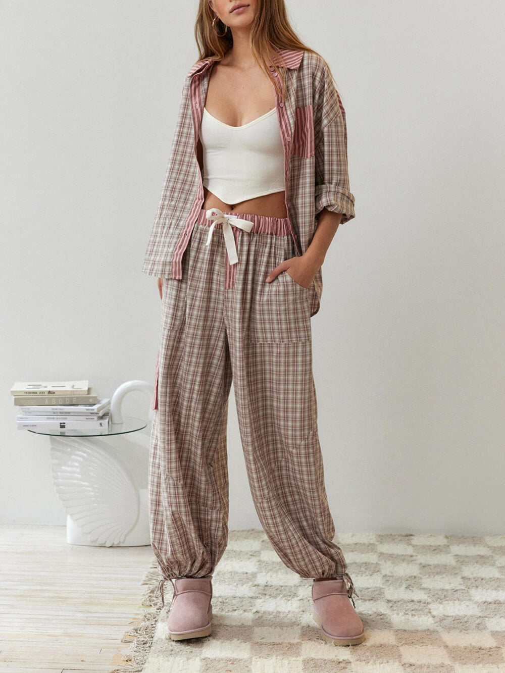 Dam Pyjamas Set Bekväm Bomull Matchande Topp och Byxor-1