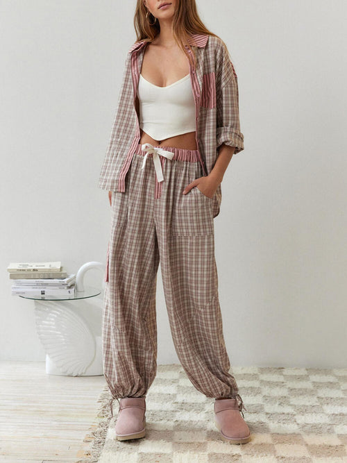 Dam Pyjamas Set Bekväm Bomull Matchande Topp och Byxor-1