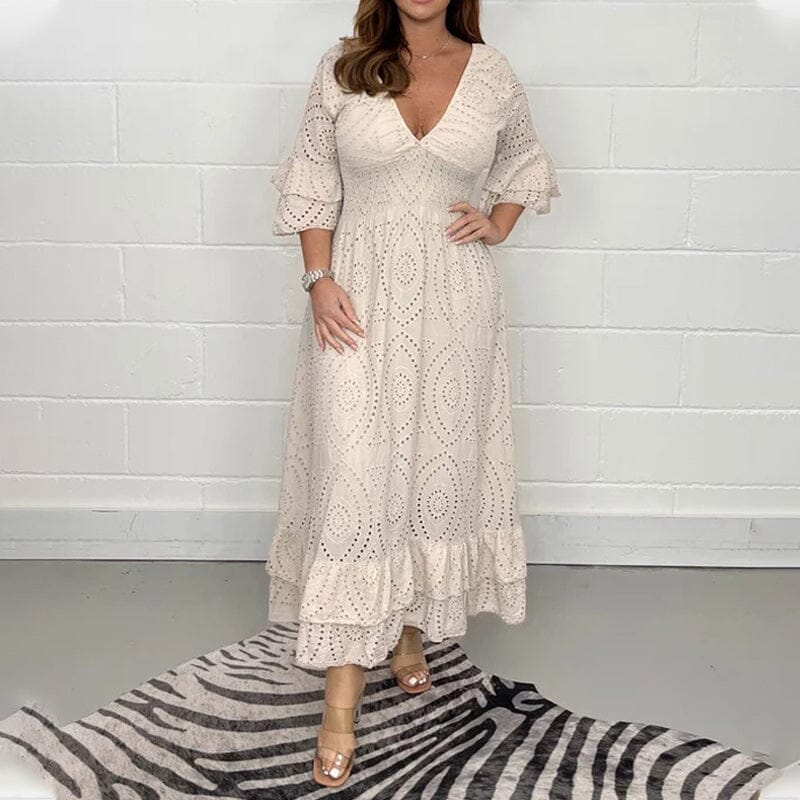 Dam Klänning Midi Anglaise med Ruffles Mjukt Tyg-4