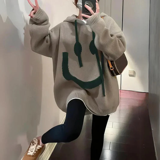 Kvinnors Lång Hoodie Loose Fit Mjuk Fleece med Smiley Design-1