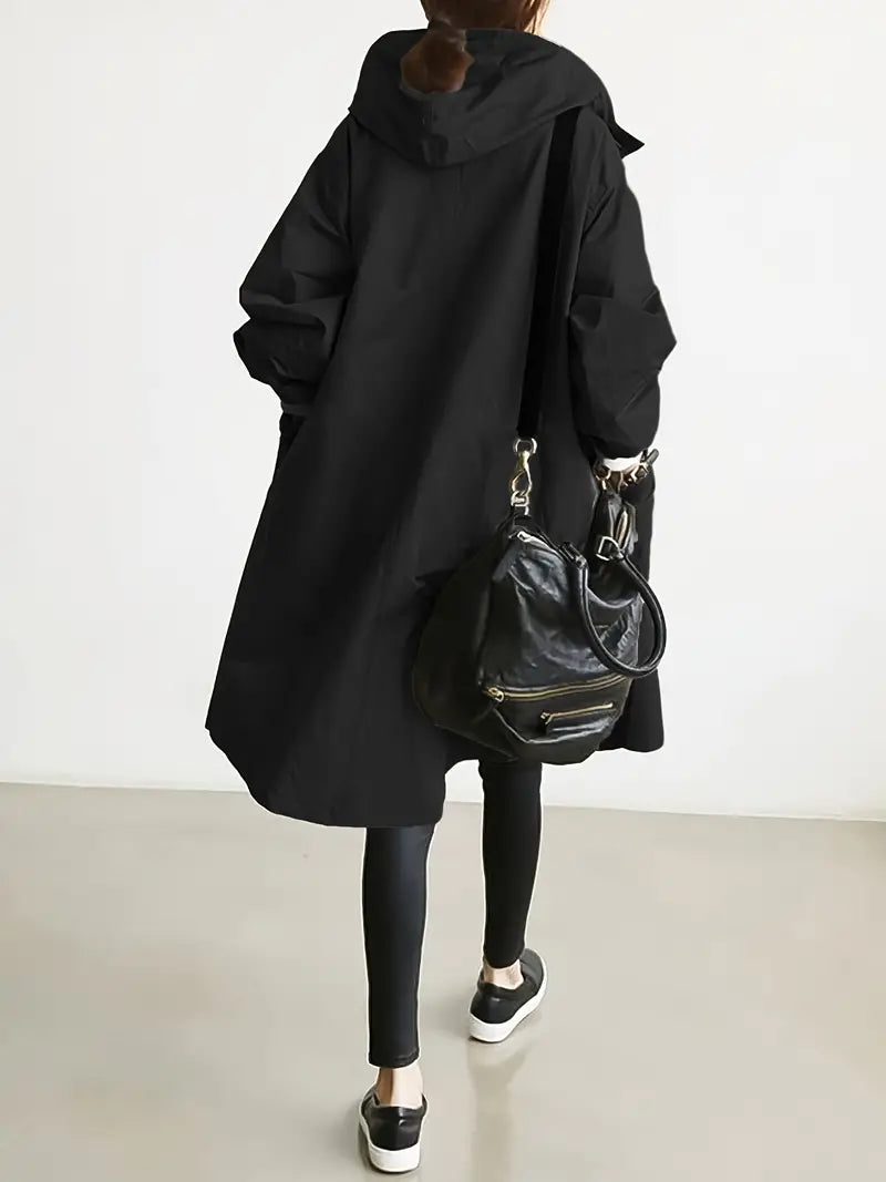 Lång Trenchcoat Dam med Huva och Justerbar Dragsko i Högkvalitativ Polyester-4