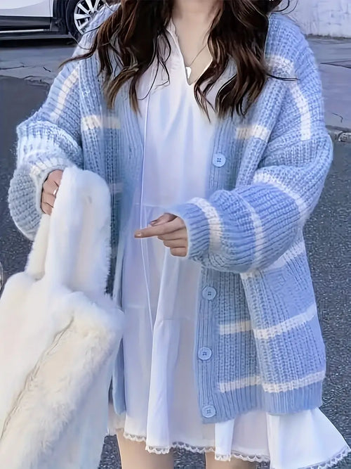 Kvinnors Stickad Kofta Randig Mjuk-1