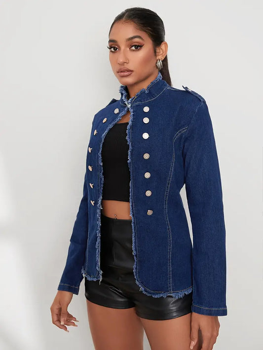 Dam Långärmad Denimjacka Klassisk Design Högkvalitativ Denim-1