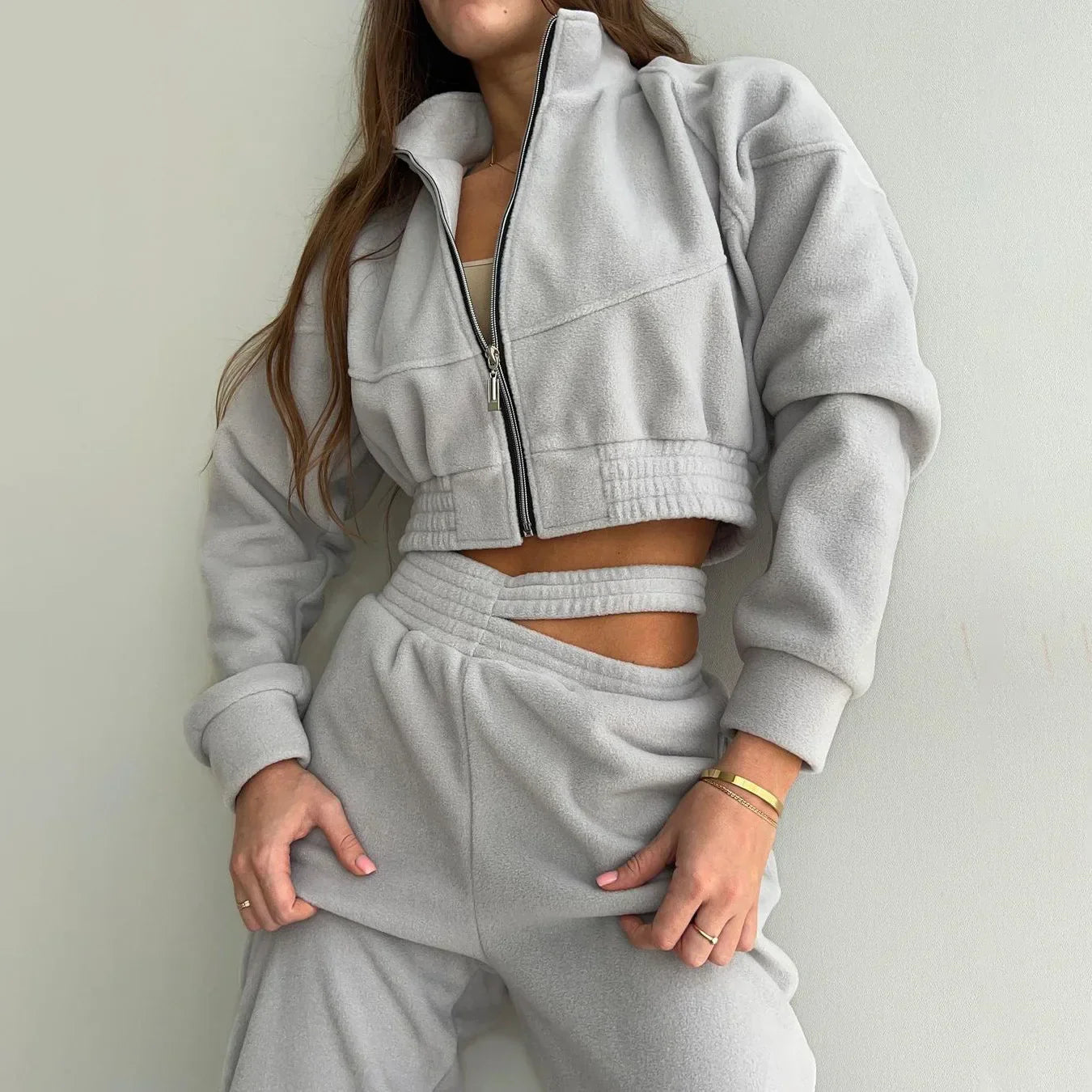 Dam Hoodie med Dragkedja och Matchande Joggingbyxor i Ultrafina Fleece-1