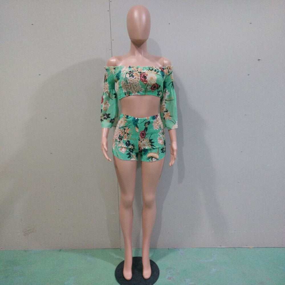 Dam Off-Shoulder Kort Set Polyester med Utställda Ärmar-5