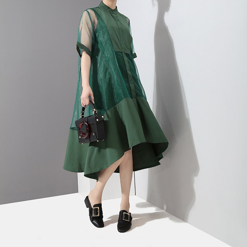 Kvinnors Midi Klänning Vikta Krage Mesh Polyester-4