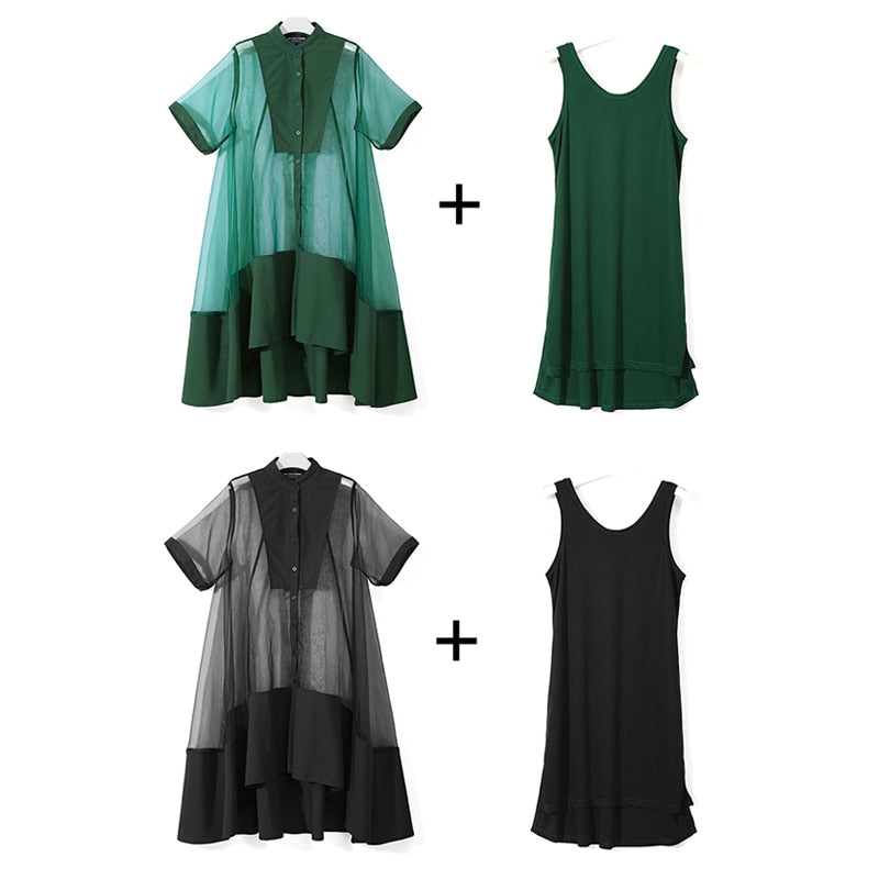 Kvinnors Midi Klänning Vikta Krage Mesh Polyester-6