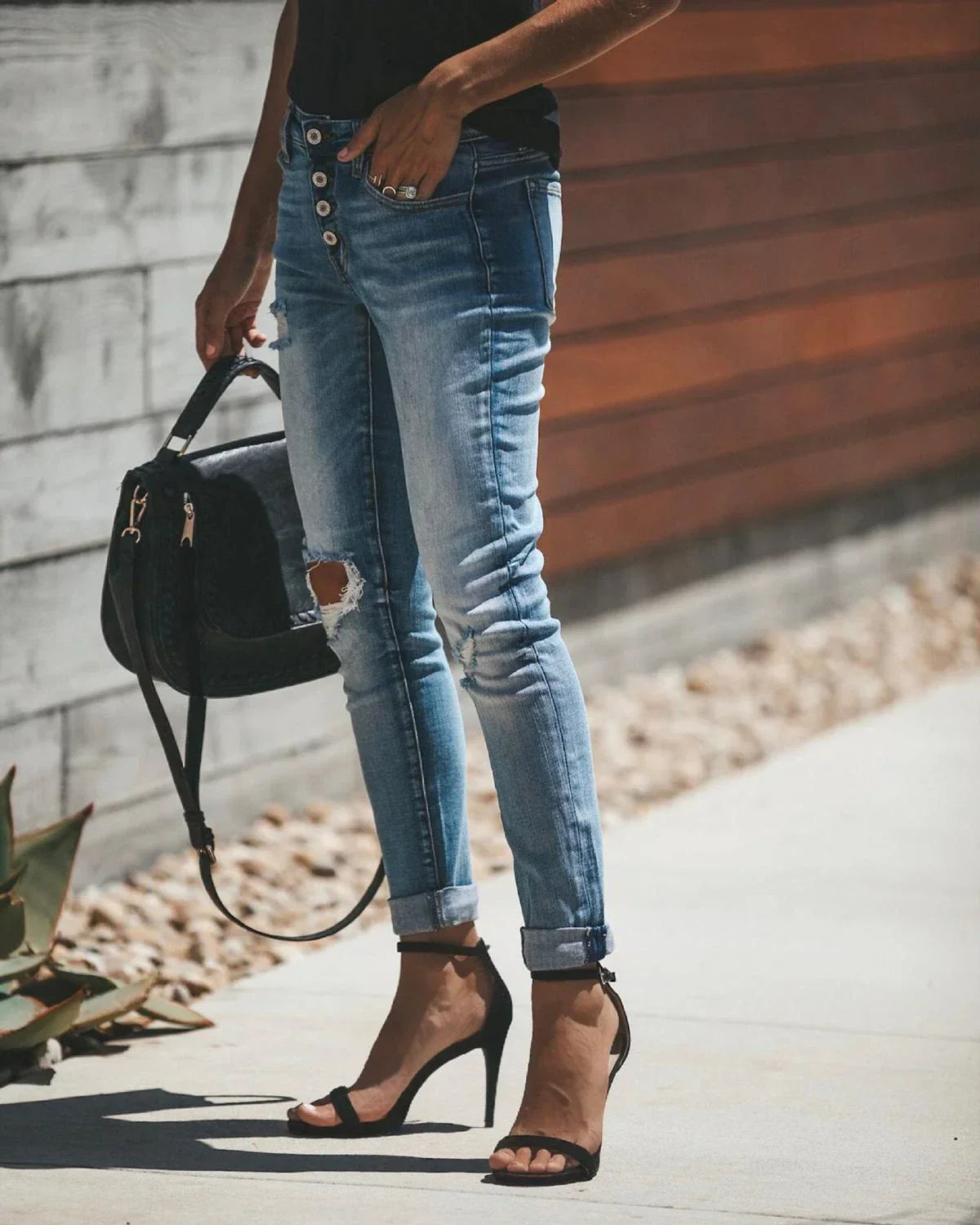 Dam Jeans Med Hög Midja Trasiga Klassisk Stil 98% Bomull-4