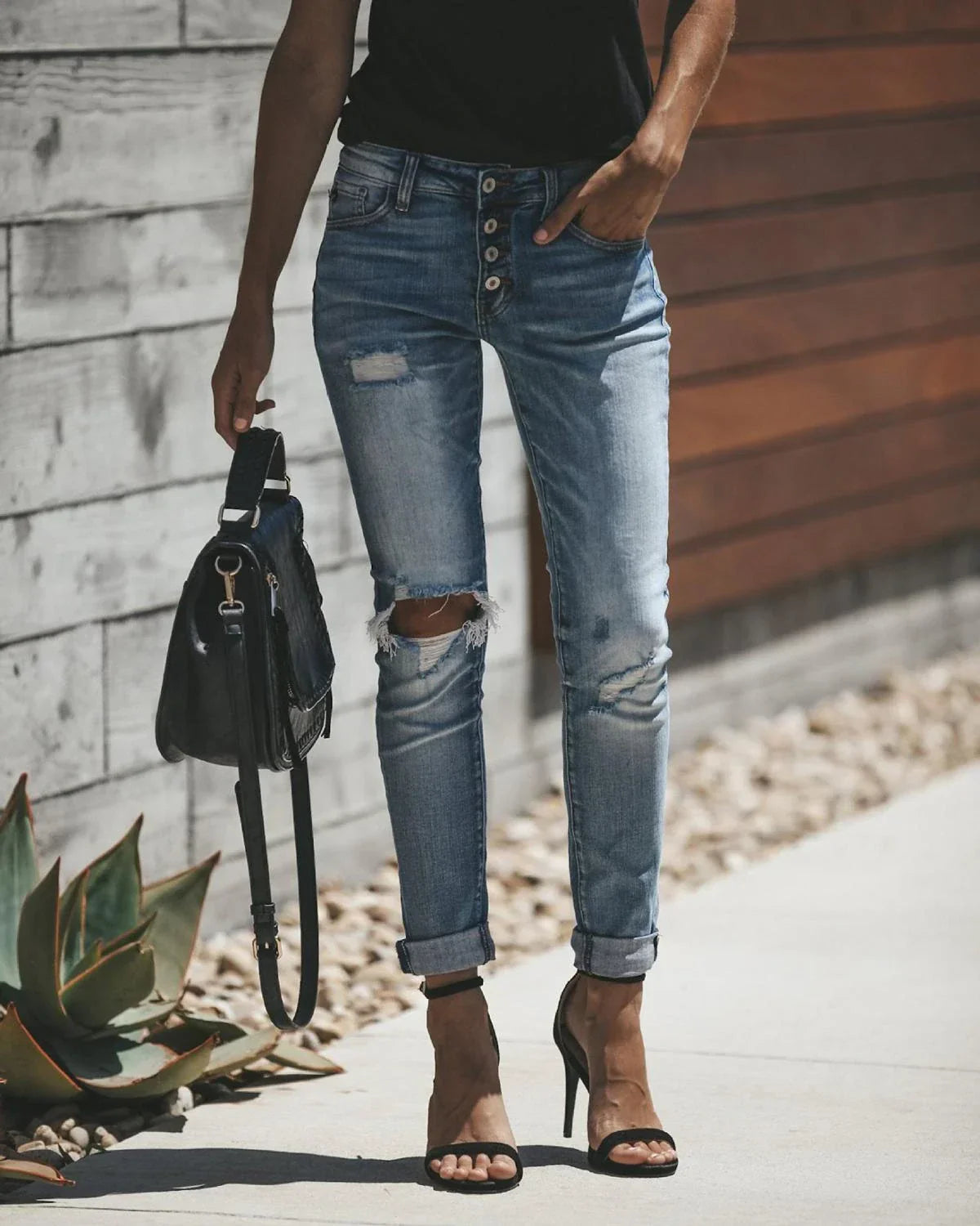 Dam Jeans Med Hög Midja Trasiga Klassisk Stil 98% Bomull-2
