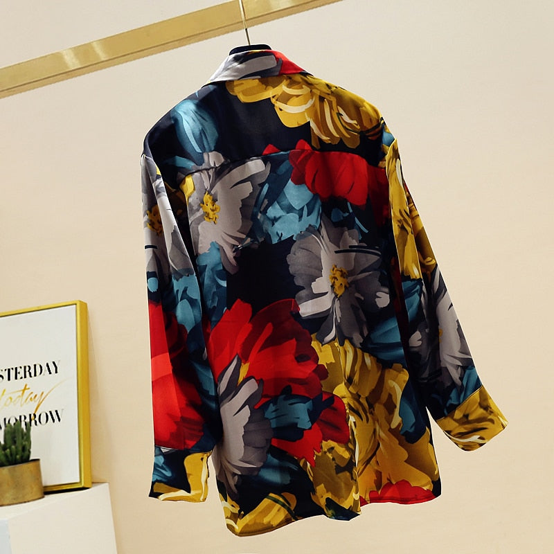 Dam Skjorta Lång Blommönster Polyester-3