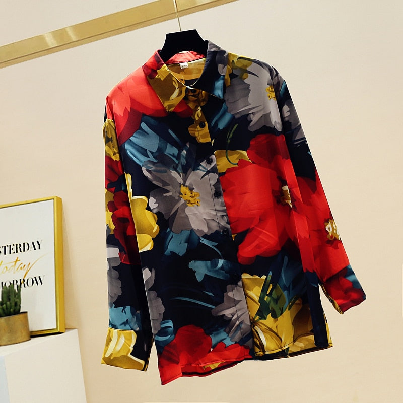 Dam Skjorta Lång Blommönster Polyester-4