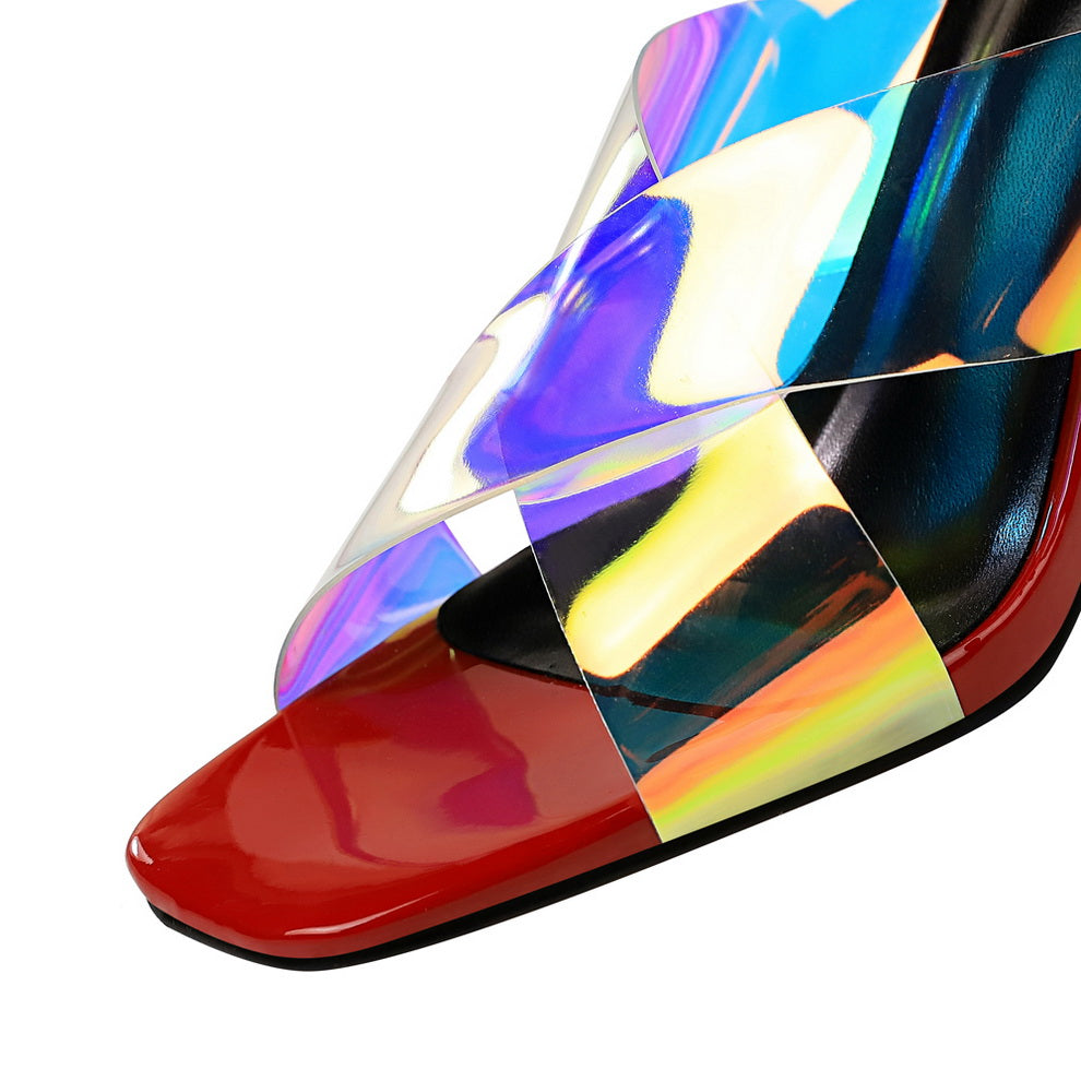Dam Peep Toe Slipper Hologram Fyrkantig Klack PU-gummi-3