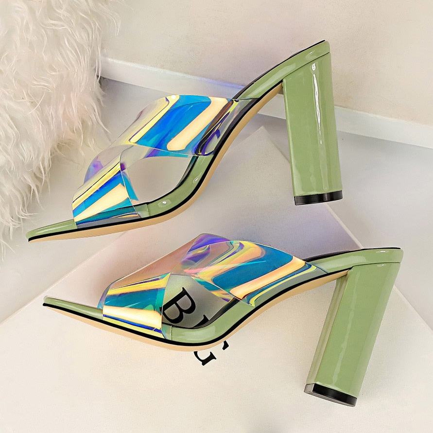 Dam Peep Toe Slipper Hologram Fyrkantig Klack PU-gummi-5