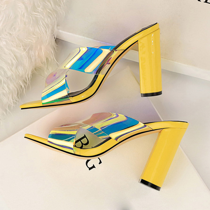 Dam Peep Toe Slipper Hologram Fyrkantig Klack PU-gummi-6
