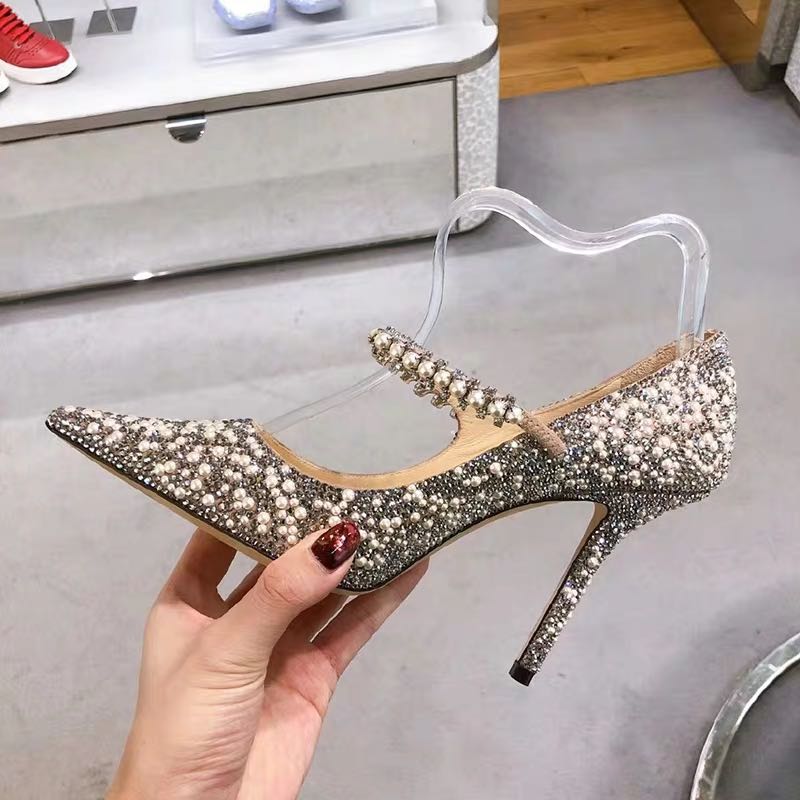 Dam Pumps Spetsig Tå Flock med Pärldetaljer-3