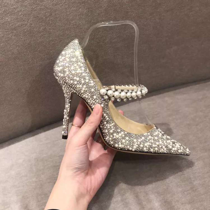 Dam Pumps Spetsig Tå Flock med Pärldetaljer-5