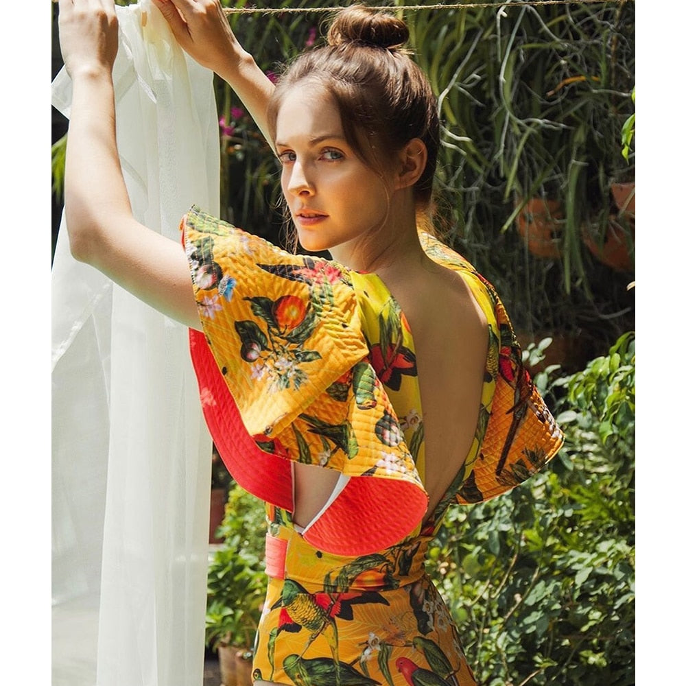 Dam Bodysuit Blommönster V-Hals Polyester med Fjärilärmar-4