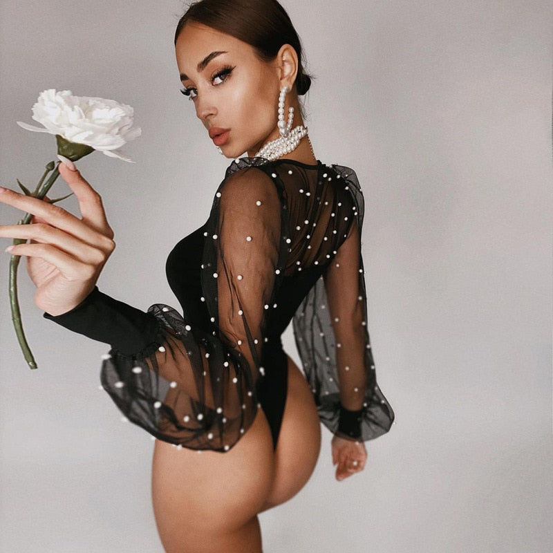 Dam Bodysuit Transparenta Långa Ärmar med Pärldetaljer Polyester Spandex-4