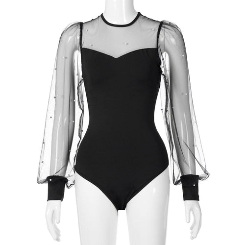 Dam Bodysuit Transparenta Långa Ärmar med Pärldetaljer Polyester Spandex-1