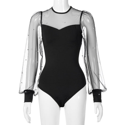 Dam Bodysuit Transparenta LĂ„nga Ărmar med PĂ€rldetaljer Polyester Spandex-1