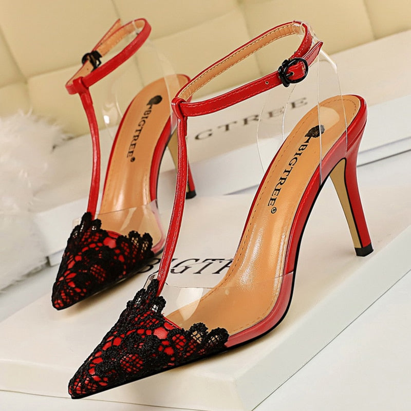 Dam Pumps Ankelremmar Spetsiga Tår PU Hög Klack-3