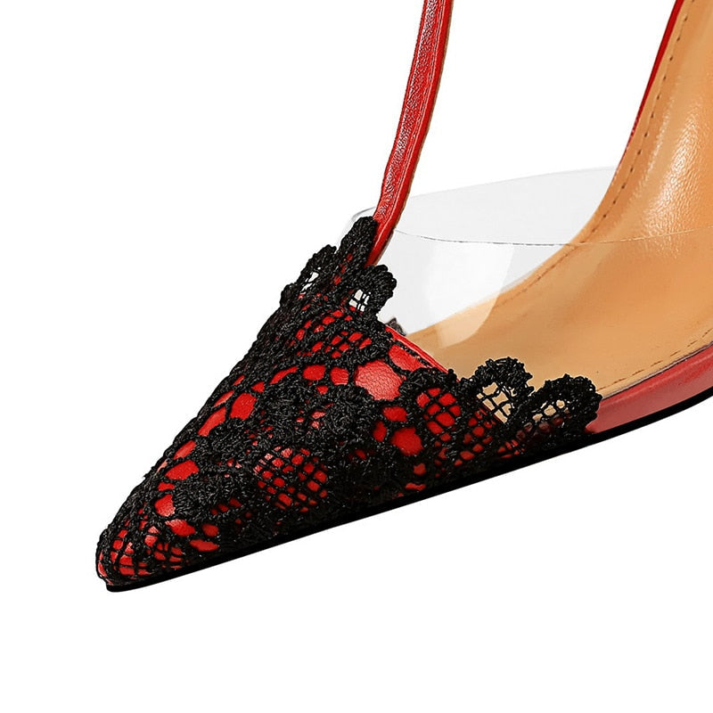 Dam Pumps Ankelremmar Spetsiga Tår PU Hög Klack-5