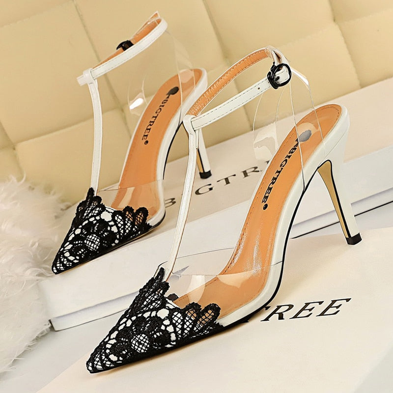 Dam Pumps Ankelremmar Spetsiga Tår PU Hög Klack-2