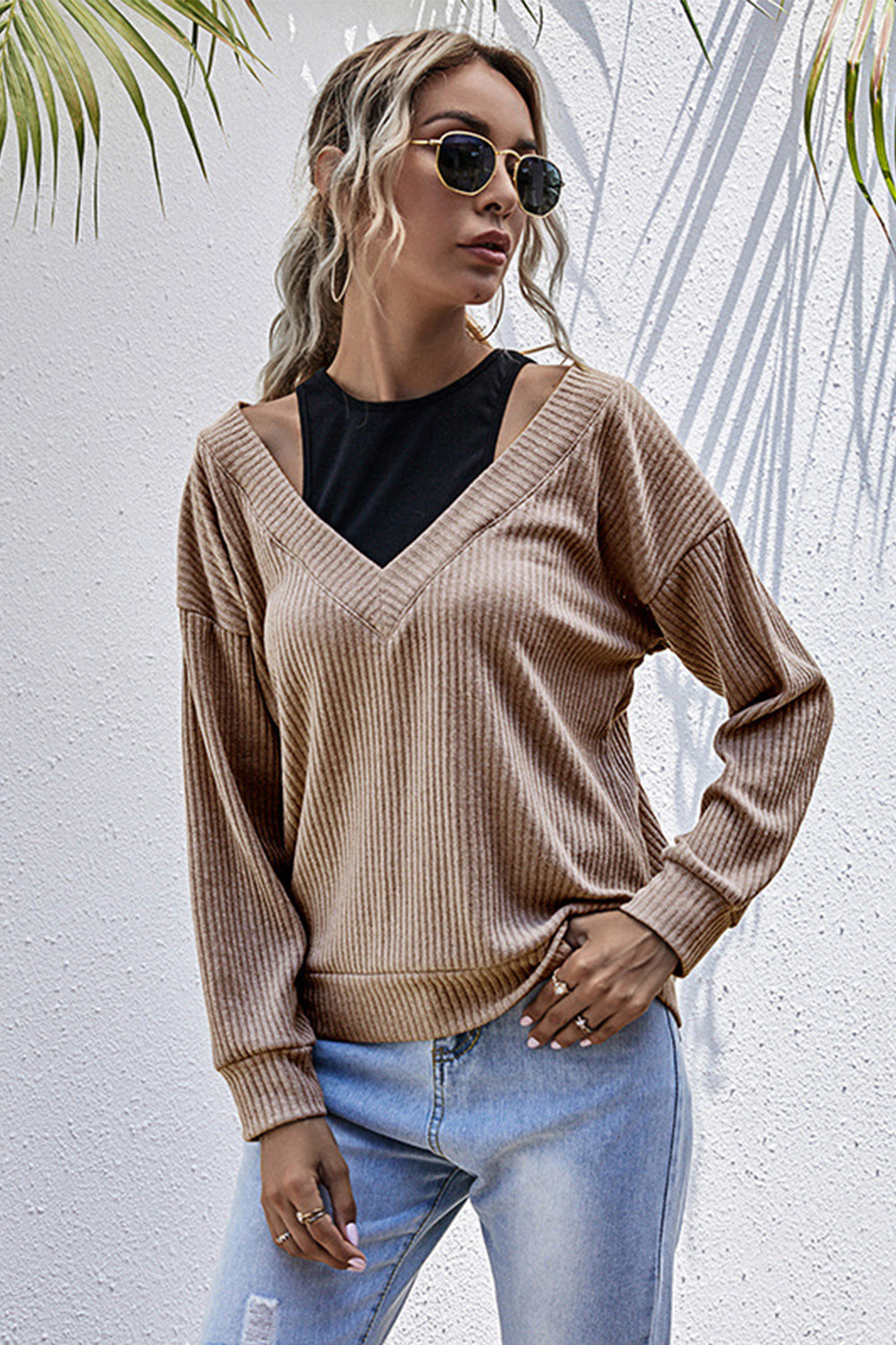 Stickad Dam Tröja V-Neck Långa Ärmar Polyester Monokrom 6