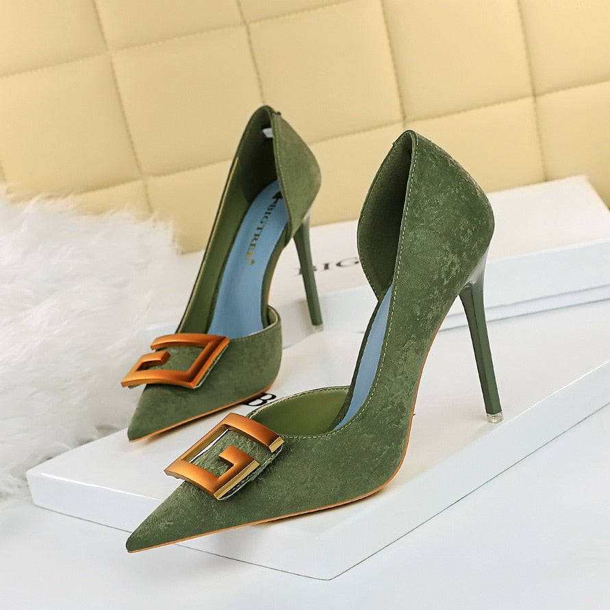 Dam Stiletto Skor med Bälte i Läder och Bomull, Hög Klack och Smal Tå-5