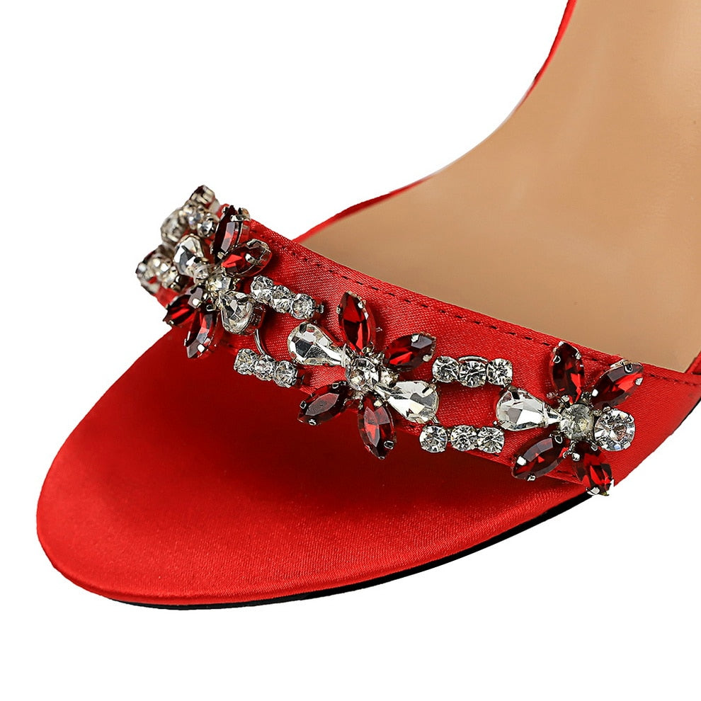 Dam Sandaler Spetsig Tå Satin Med Hög Klack och Rhinestone-Detaljer-6