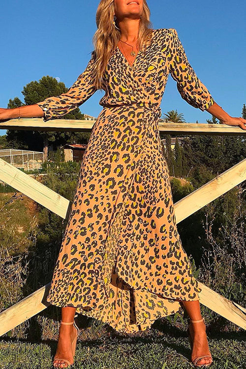 Dam Klänning V-ringning Leopardtryck 3/4 Ärmar Bomull Polyester-2