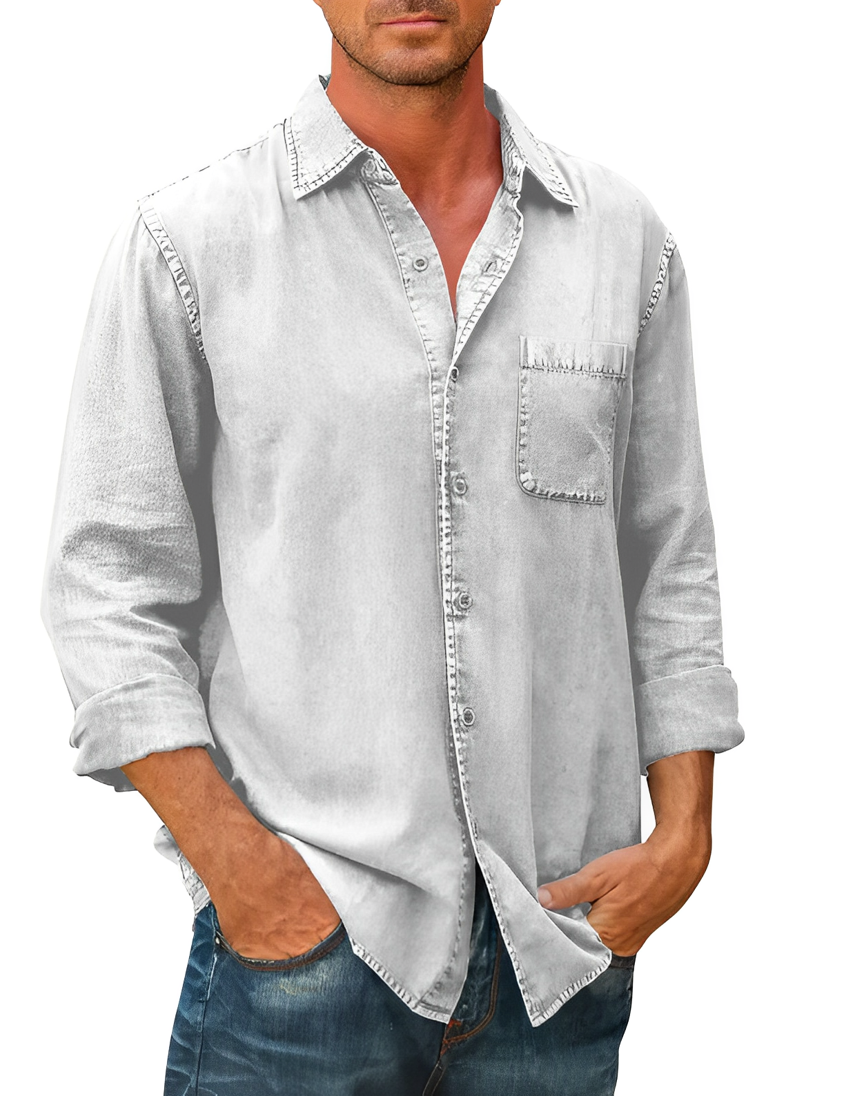 Herrskjorta Denim Klassisk Stil Bomullsblandning-2