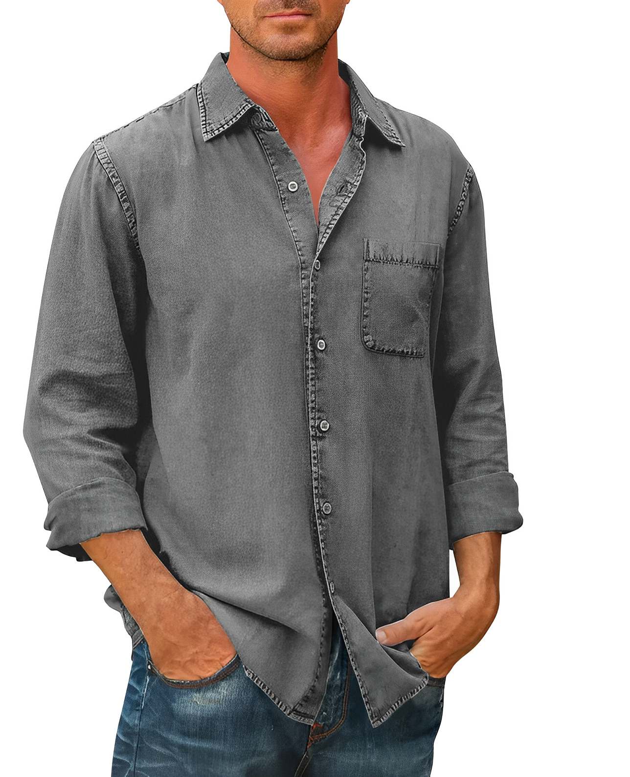 Herrskjorta Denim Klassisk Stil Bomullsblandning-5