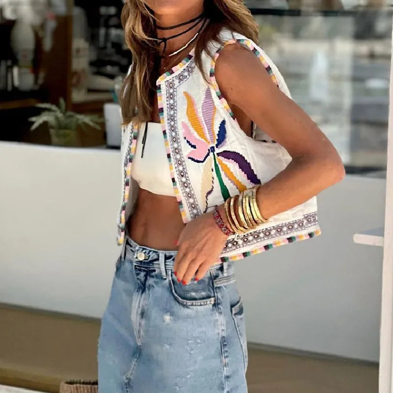 Dam Vintage Broderad Kofta 100% Bomull med Detaljerade Mönster-3