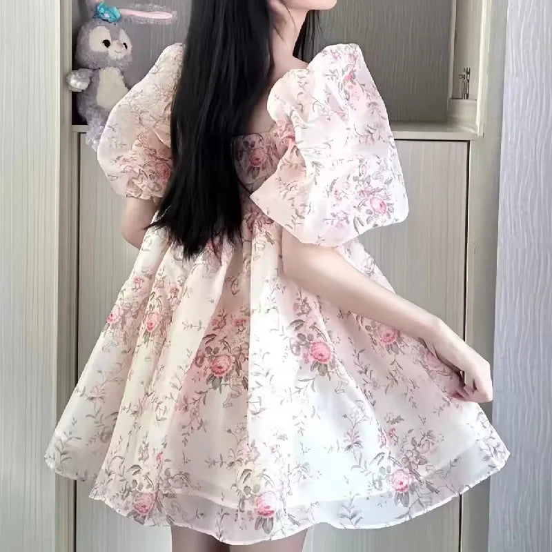 Dam Mini Klänning med Vinkelhalsring och Puffärmar i Polyester-2