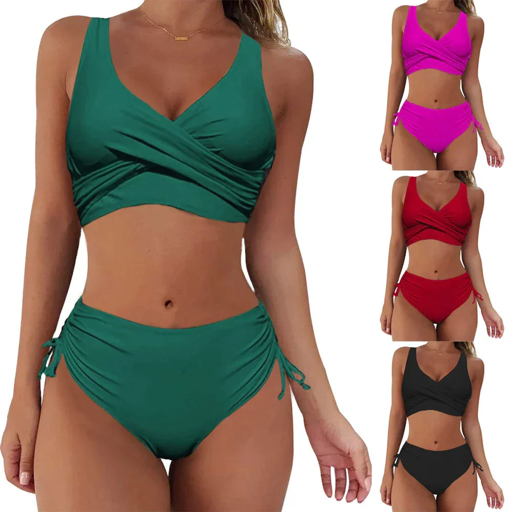 Dam Bikini Set med Djup V-hals och Hög Midja i Mjuk Polyester – Trendig och Bekväm för Strand och Pool 3