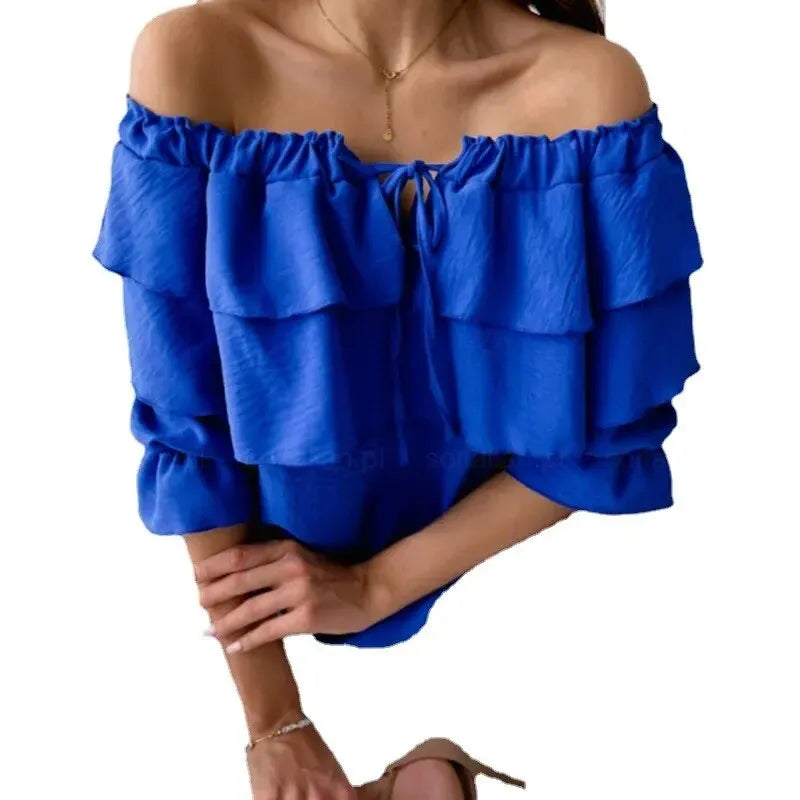 Damblus Axelfri Chiffong med Ruffle Detaljer-3